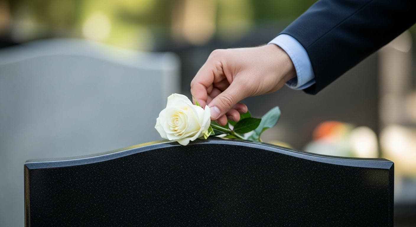 A white rose being placed on a polished black granite memorial