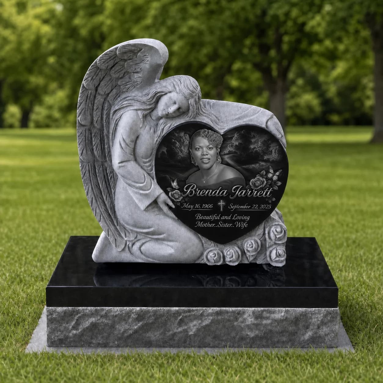 Angel Headstone Photo Engraved Black Granite Grave Monument variant